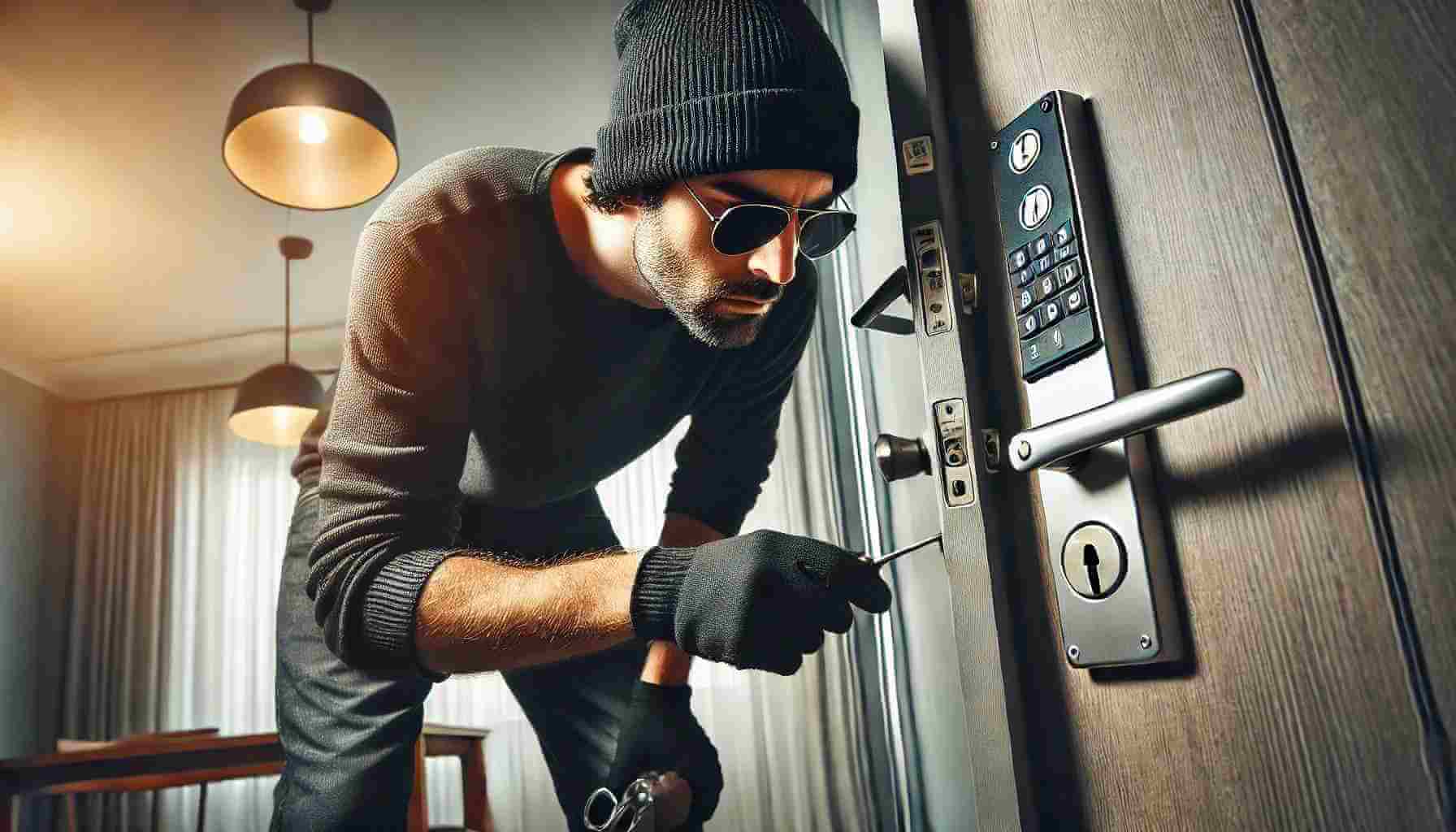 A burglar breaking into a house, caught in the act of picking a lock with a set of tools.